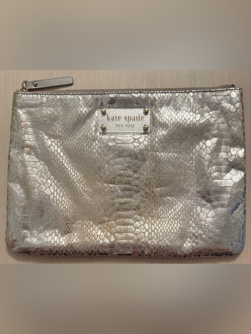 kate spade Metallic Silver Snake Embossed Wristlet Clutch Wedding Vintage Pouch